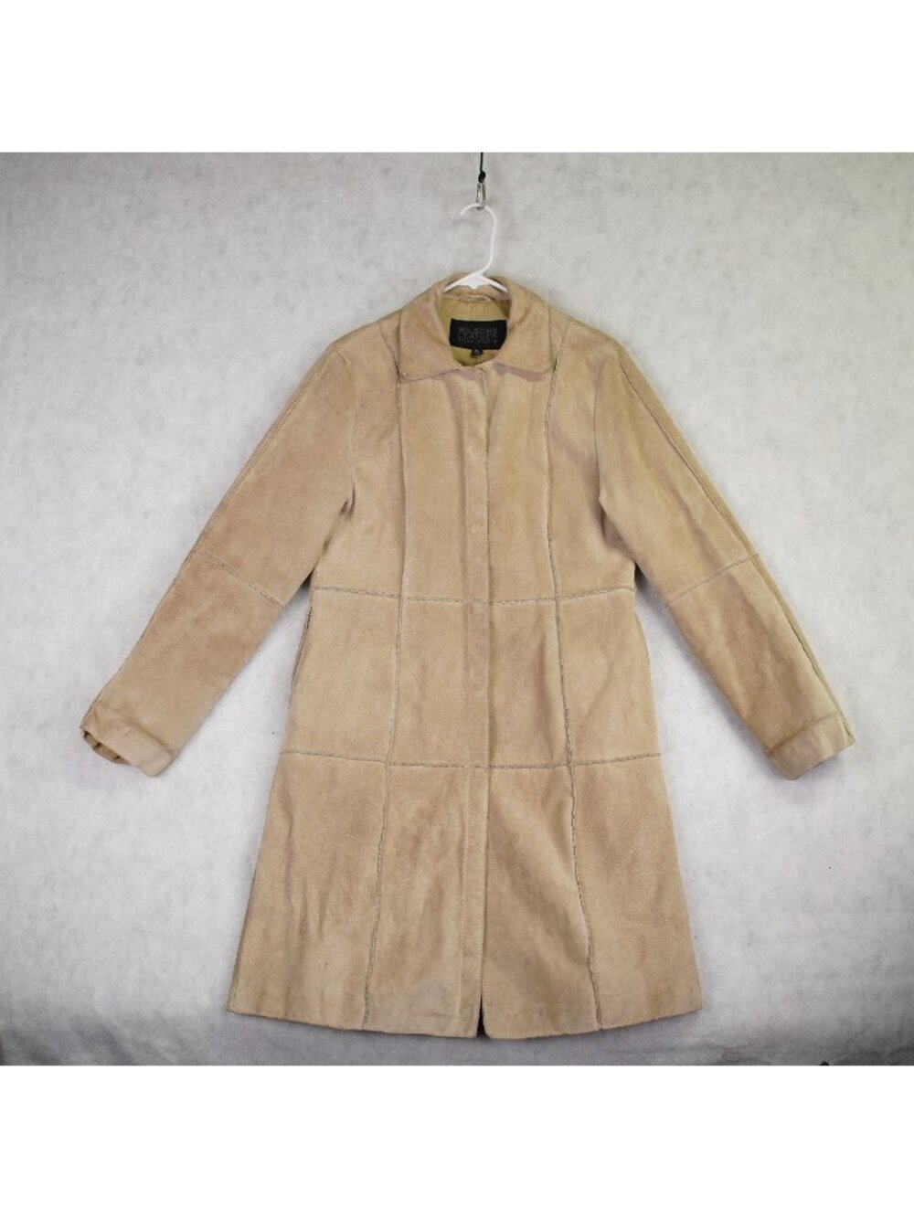 VTG Wilsons Pelle Studio Womens Tan Suede Long Coat Size XL Fully Lined Patch
